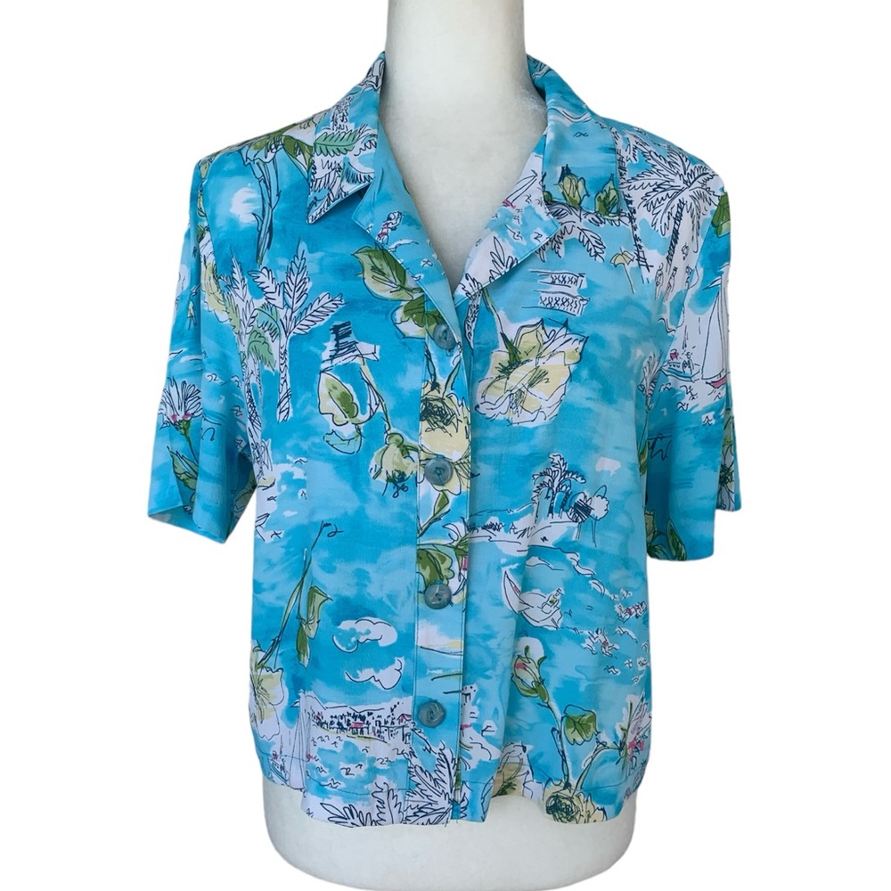 Vintage Sea Suns Blue Tropical Print Blouse